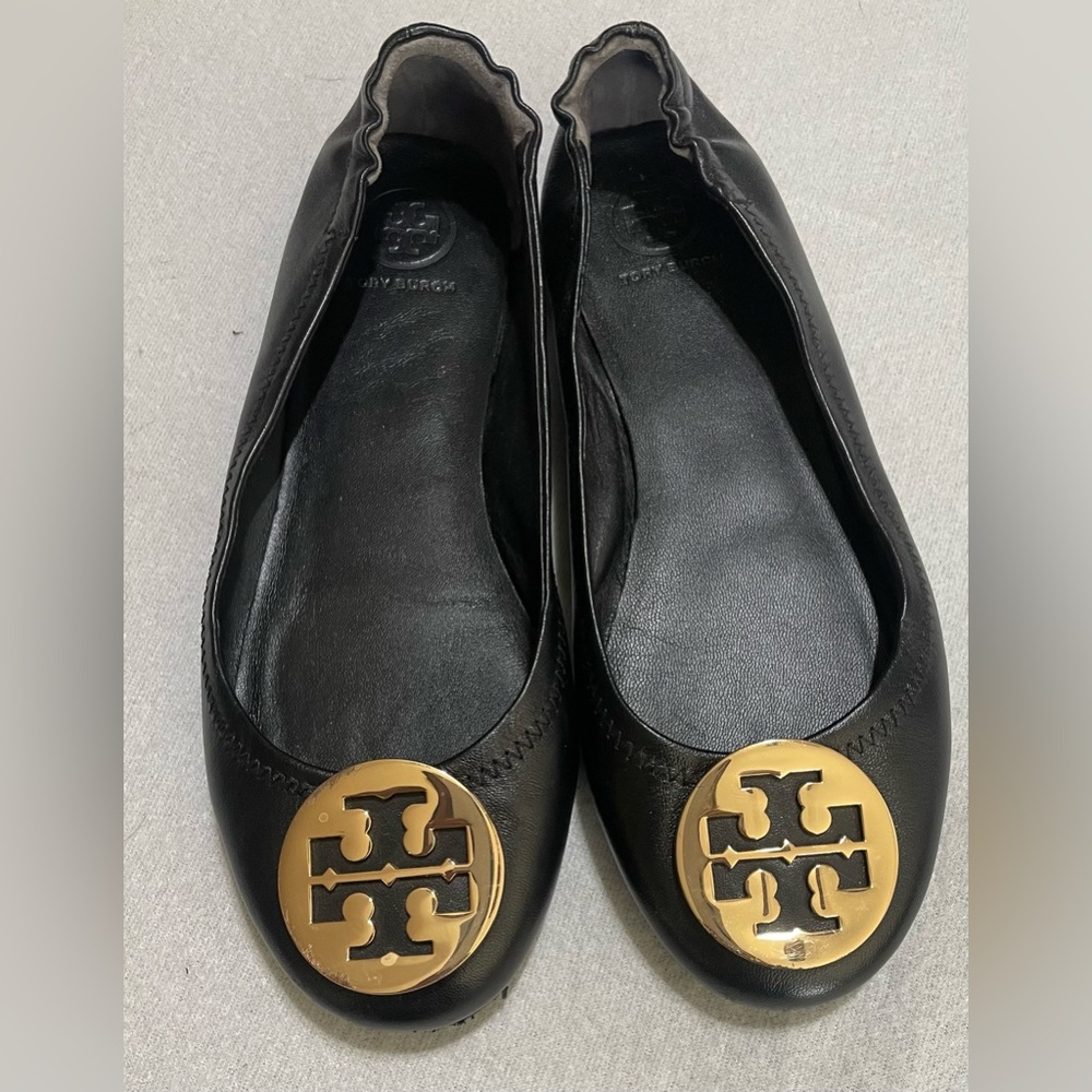 Tory Burch Black Ballet Flats with Gold Logo